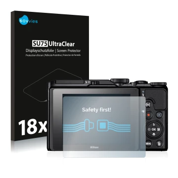 Face avant d’un emballage produit avec le logo de la marque Savvies. À côté, l’appareil Nikon Coolpix A900 est représenté avec