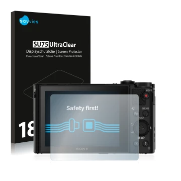 Face avant d’un emballage produit avec le logo de la marque Savvies. À côté, l’appareil Sony Cyber-Shot DSC-HX80 est représent