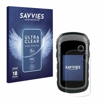 Face avant d’un emballage produit avec le logo de la marque Savvies. À côté, l’appareil Garmin eTrex 30x est représenté avec l
