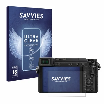 Face avant d’un emballage produit avec le logo de la marque Savvies. À côté, l’appareil Panasonic Lumix DMC-GX80 est représent