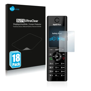 Face avant d’un emballage produit avec le logo de la marque Savvies. À côté, l’appareil AVM Fritz!Fon C5 est représenté avec l