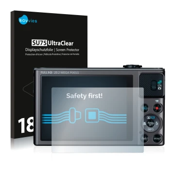 Face avant d’un emballage produit avec le logo de la marque Savvies. À côté, l’appareil Canon PowerShot SX620 HS est représent