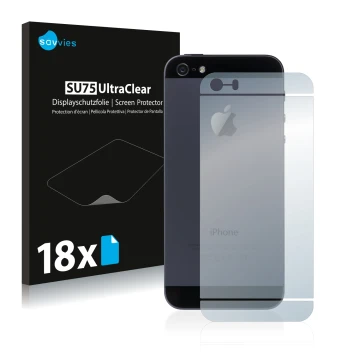Face avant d’un emballage produit avec le logo de la marque Savvies. À côté, l’appareil Apple iPhone SE 2016 Le dos (tutt la s