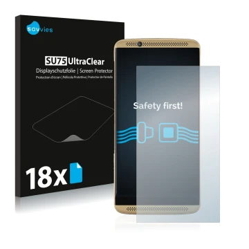 Face avant d’un emballage produit avec le logo de la marque Savvies. À côté, l’appareil ZTE Axon 7 est représenté avec la prot