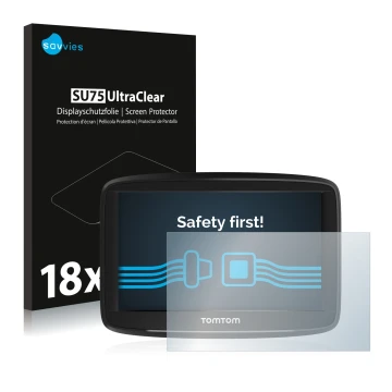 Face avant d’un emballage produit avec le logo de la marque Savvies. À côté, l’appareil TomTom Start 52 est représenté avec la