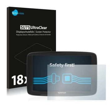 Face avant d’un emballage produit avec le logo de la marque Savvies. À côté, l’appareil TomTom Start 62 est représenté avec la