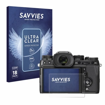 Face avant d’un emballage produit avec le logo de la marque Savvies. À côté, l’appareil Fujifilm X-T2 est représenté avec la p