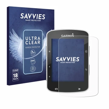 Face avant d’un emballage produit avec le logo de la marque Savvies. À côté, l’appareil Garmin Edge 820 est représenté avec la