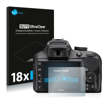 Face avant d’un emballage produit avec le logo de la marque Savvies. À côté, l’appareil Nikon D3400 est représenté avec la pro