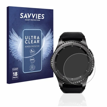 Face avant d’un emballage produit avec le logo de la marque Savvies. À côté, l’appareil Samsung Gear S3 Frontier est représent