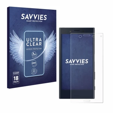 Face avant d’un emballage produit avec le logo de la marque Savvies. À côté, l’appareil Sony Xperia X Compact est représenté a