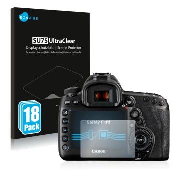 Face avant d’un emballage produit avec le logo de la marque Savvies. À côté, l’appareil Canon EOS 5D Mark IV est représenté av
