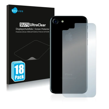 Face avant d’un emballage produit avec le logo de la marque Savvies. À côté, l’appareil Apple iPhone 7 Le dos (toute la surfac