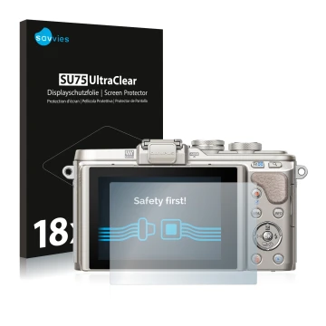 Face avant d’un emballage produit avec le logo de la marque Savvies. À côté, l’appareil Olympus PEN E-PL8 est représenté avec 