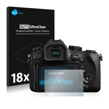 Face avant d’un emballage produit avec le logo de la marque Savvies. À côté, l’appareil Panasonic Lumix DMC-FZ2000 est représe