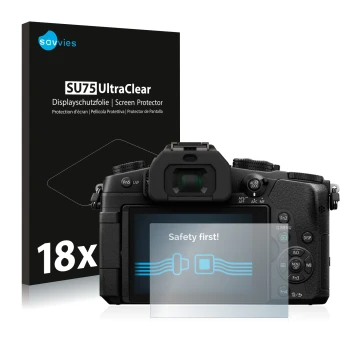 Face avant d’un emballage produit avec le logo de la marque Savvies. À côté, l’appareil Panasonic Lumix DMC-G81 est représenté