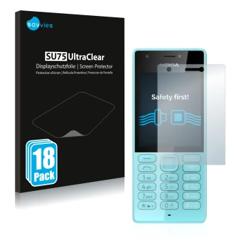 Face avant d’un emballage produit avec le logo de la marque Savvies. À côté, l’appareil Nokia 216 est représenté avec la prote