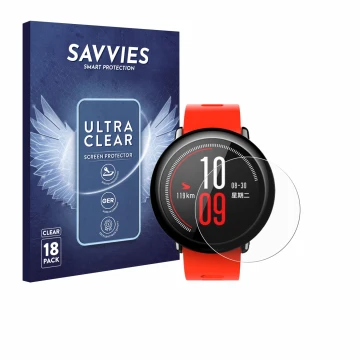Face avant d’un emballage produit avec le logo de la marque Savvies. À côté, l’appareil Huami Amazfit Pace est représenté avec