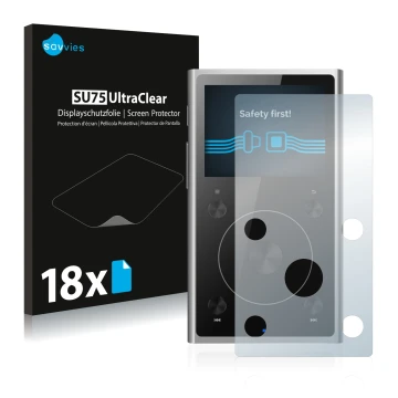 Face avant d’un emballage produit avec le logo de la marque Savvies. À côté, l’appareil FiiO X1 II est représenté avec la prot