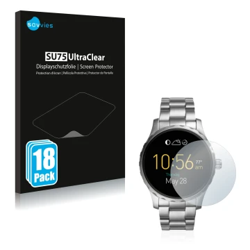 Face avant d’un emballage produit avec le logo de la marque Savvies. À côté, l’appareil Fossil Q Marshal (2.Gen) est représent