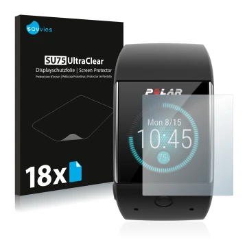 Face avant d’un emballage produit avec le logo de la marque Savvies. À côté, l’appareil Polar M600 est représenté avec la prot