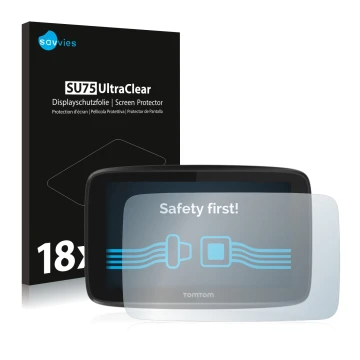 Face avant d’un emballage produit avec le logo de la marque Savvies. À côté, l’appareil TomTom GO 5200 est représenté avec la 