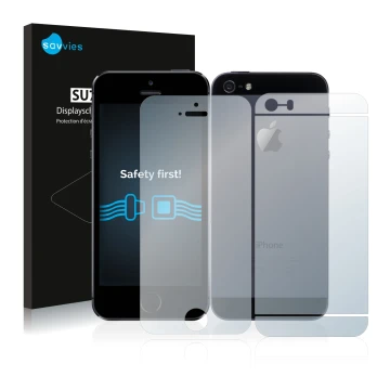 Face avant d’un emballage produit avec le logo de la marque Savvies. À côté, l’appareil Apple iPhone 5S (Avant+Arrière) est re