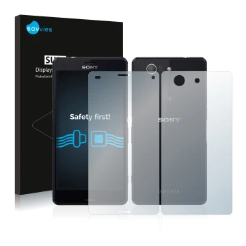 Face avant d’un emballage produit avec le logo de la marque Savvies. À côté, l’appareil Sony Xperia Z3 Compact D5803 (Avant+Ar