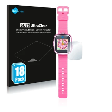 Face avant d’un emballage produit avec le logo de la marque Savvies. À côté, l’appareil Vtech Kidizoom Smart Watch DX est repr