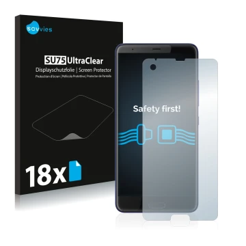 Face avant d’un emballage produit avec le logo de la marque Savvies. À côté, l’appareil HTC U Ultra est représenté avec la pro