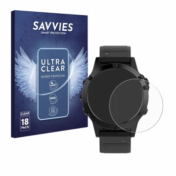 Face avant d’un emballage produit avec le logo de la marque Savvies. À côté, l’appareil Garmin Fenix 5 (47 mm) est représenté 