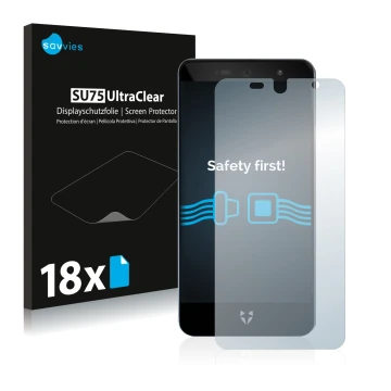 Face avant d’un emballage produit avec le logo de la marque Savvies. À côté, l’appareil Wileyfox Swift 2X est représenté avec 