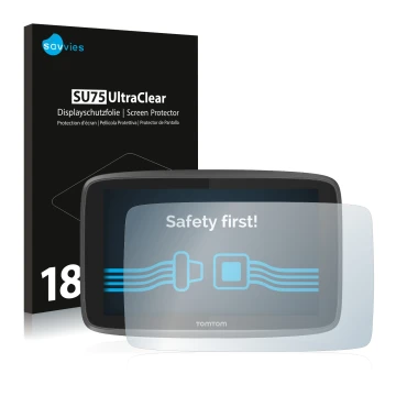 Face avant d’un emballage produit avec le logo de la marque Savvies. À côté, l’appareil TomTom Go 6200 est représenté avec la 