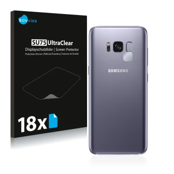 Face avant d’un emballage produit avec le logo de la marque Savvies. À côté, l’appareil Samsung Galaxy S8 (Caméra UNIQUEMENT) 