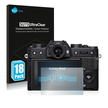 Face avant d’un emballage produit avec le logo de la marque Savvies. À côté, l’appareil Fujifilm X-T20 est représenté avec la 