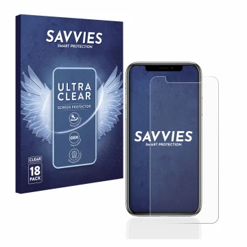 Face avant d’un emballage produit avec le logo de la marque Savvies. À côté, l’appareil Apple iPhone X est représenté avec la 