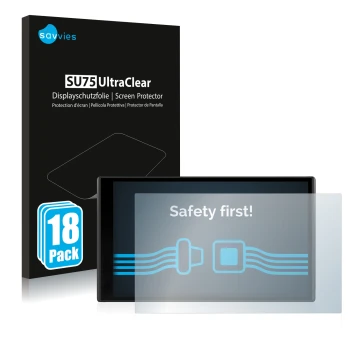 Face avant d’un emballage produit avec le logo de la marque Savvies. À côté, l’appareil Garmin DriveSmart 61 LMT-D est représe