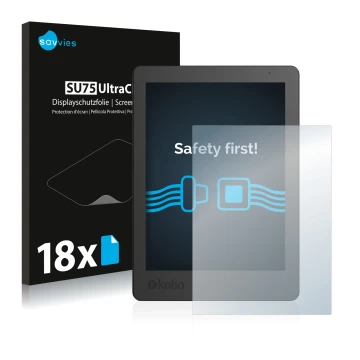 Face avant d’un emballage produit avec le logo de la marque Savvies. À côté, l’appareil Kobo Aura Edition 2 est représenté ave