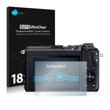 Face avant d’un emballage produit avec le logo de la marque Savvies. À côté, l’appareil Canon EOS M6 est représenté avec la pr