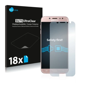 Face avant d’un emballage produit avec le logo de la marque Savvies. À côté, l’appareil Samsung Galaxy J7 2017 est représenté 