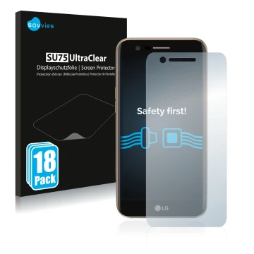 Face avant d’un emballage produit avec le logo de la marque Savvies. À côté, l’appareil LG K10 2017 est représenté avec la pro