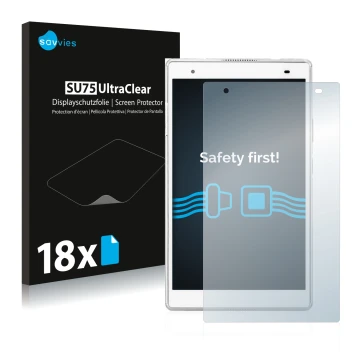 Face avant d’un emballage produit avec le logo de la marque Savvies. À côté, l’appareil Lenovo Tab 4 8 Plus est représenté ave