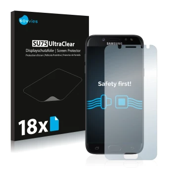 Face avant d’un emballage produit avec le logo de la marque Savvies. À côté, l’appareil Samsung Galaxy J5 2017 est représenté 