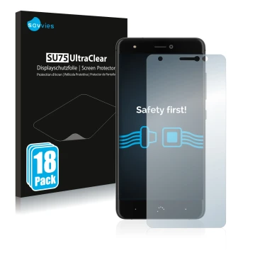 Face avant d’un emballage produit avec le logo de la marque Savvies. À côté, l’appareil BQ Aquaris X est représenté avec la pr