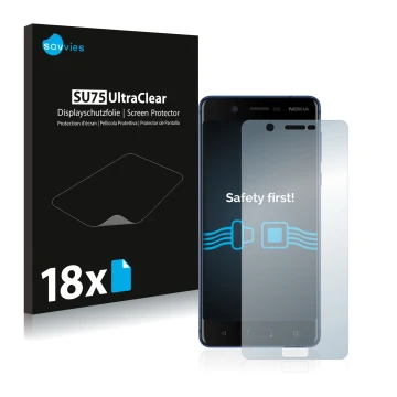 Face avant d’un emballage produit avec le logo de la marque Savvies. À côté, l’appareil Nokia 5 est représenté avec la protect