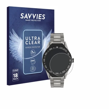 Face avant d’un emballage produit avec le logo de la marque Savvies. À côté, l’appareil TAG Heuer Connected Modular 45 est rep