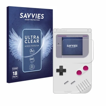 Face avant d’un emballage produit avec le logo de la marque Savvies. À côté, l’appareil Nintendo Gameboy (1989) est représenté