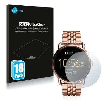 Face avant d’un emballage produit avec le logo de la marque Savvies. À côté, l’appareil Fossil Q Wander est représenté avec la