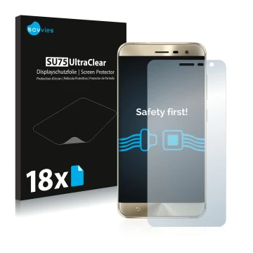 Face avant d’un emballage produit avec le logo de la marque Savvies. À côté, l’appareil ASUS ZenFone 3 ZE552KL est représenté 