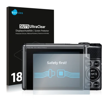 Face avant d’un emballage produit avec le logo de la marque Savvies. À côté, l’appareil Canon PowerShot SX730 HS est représent